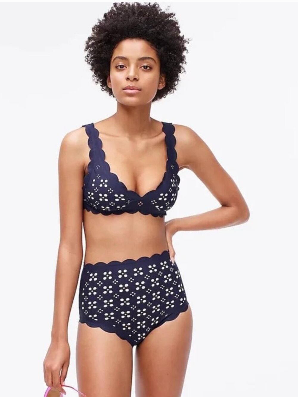 J.Crew Navy Blue Scalloped Eyelet Bikini Set High Waist Size S